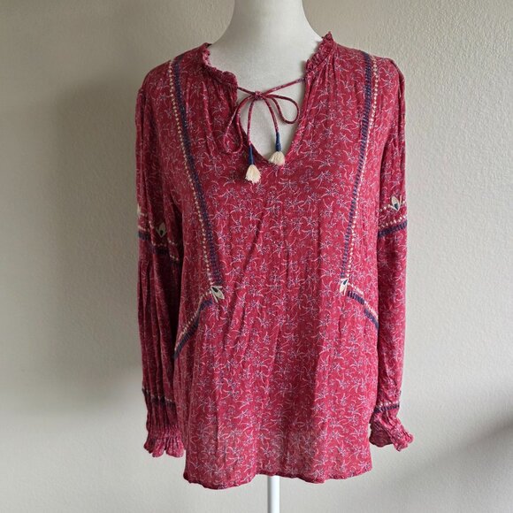 Dolan Romantic Amelia Blouse Top Embroidered Tassels Raspberry Floral Boho M - Picture 1 of 7